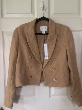House of Harlow Tweed Cropped Tan Blazer Jacket Size L Gold Buttons NWT